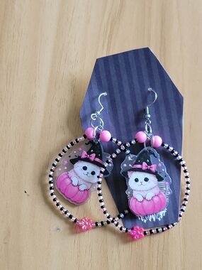 Hand Crafted Pink and Black Kitty Witch Hoop Earrings